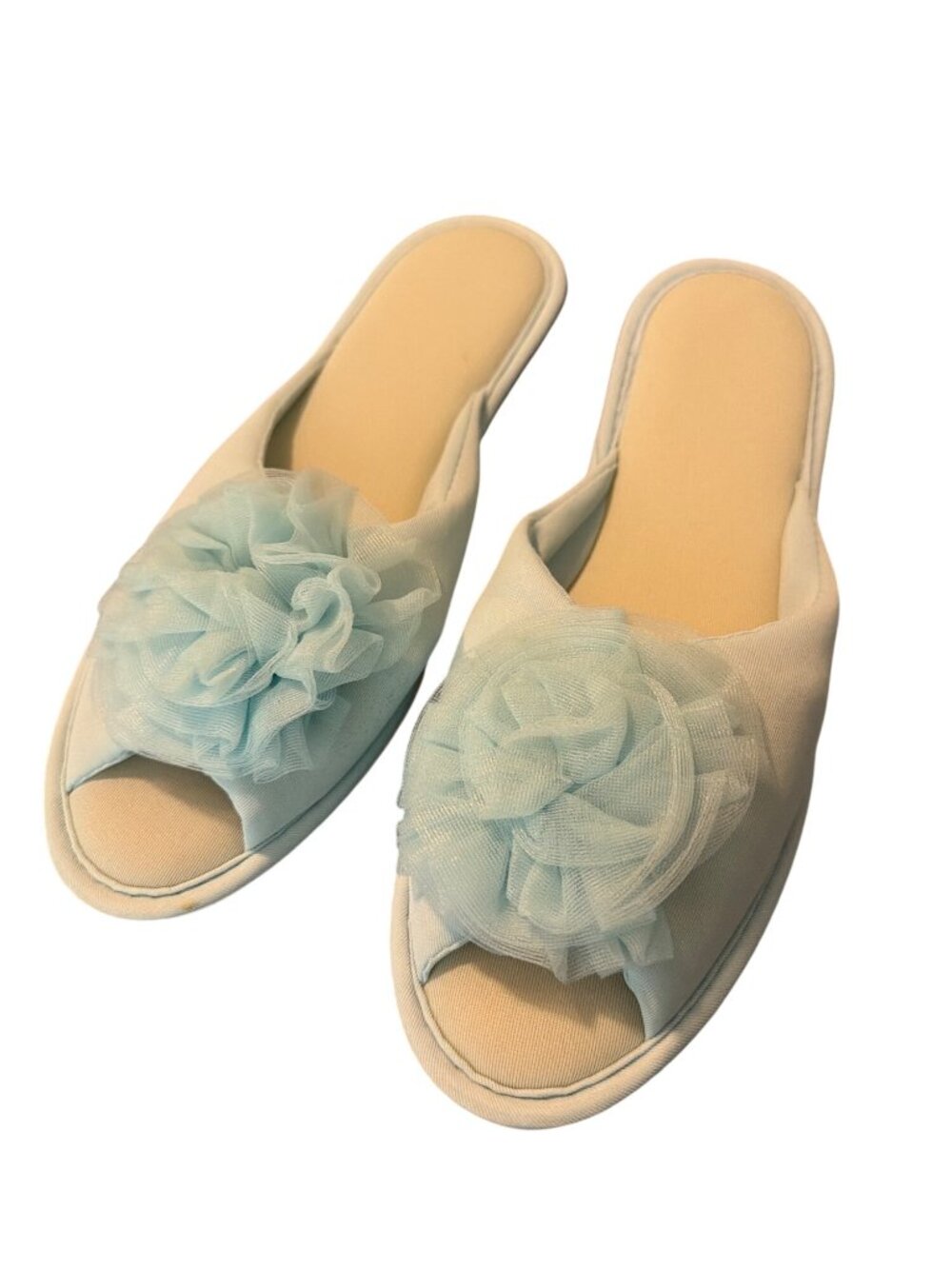 Vintage 60s Bray Mates Nylon Washable Slippers Boudoir Blue Flower Sz L USA NWOT